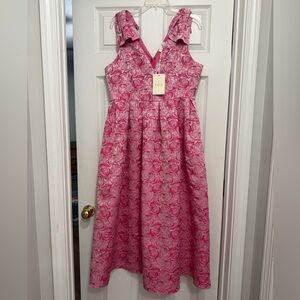 Entro Pink Floral Jacquard Vneck Bow Shoulder Midi Dress Pockets Large NWT